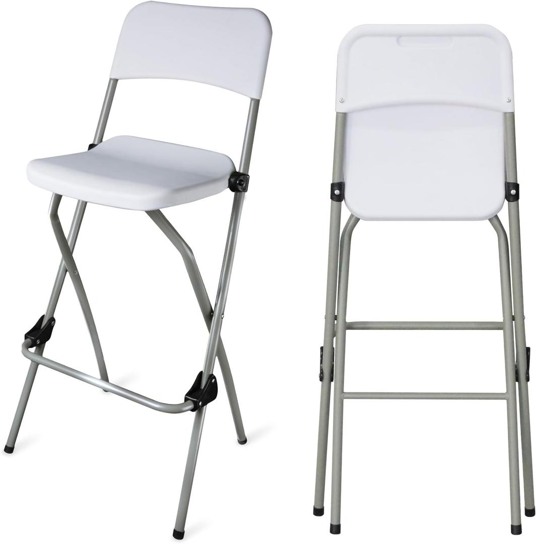 Folding Bar Stool Tall Portable Foldable Metal Frame Barstool with Backrest and Footrest, Seat Height 28.94 inches, Weight Capacity 220 lbs,2 Pcs,White