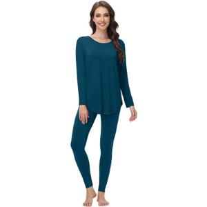 WiWi Women's Pajamas Set Super Soft Lounge Set Viscose from Bamboo Sleepwear Cooling Long Sleeve Top Leggings Pjs S-XXL (Peacock Blue)