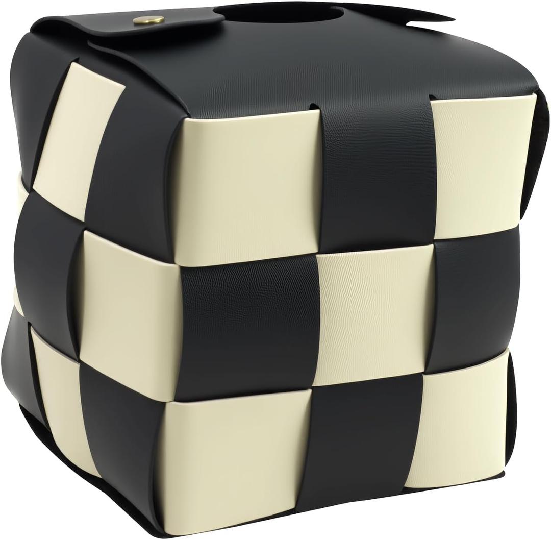 Square Tissue Box Cover, Modern PU Leather Checkered Tissue Cover Box with Metal Buckle, Waterproof Bathroom and Home Decor Organizer for Vanity Desk and Office Black and White Design
