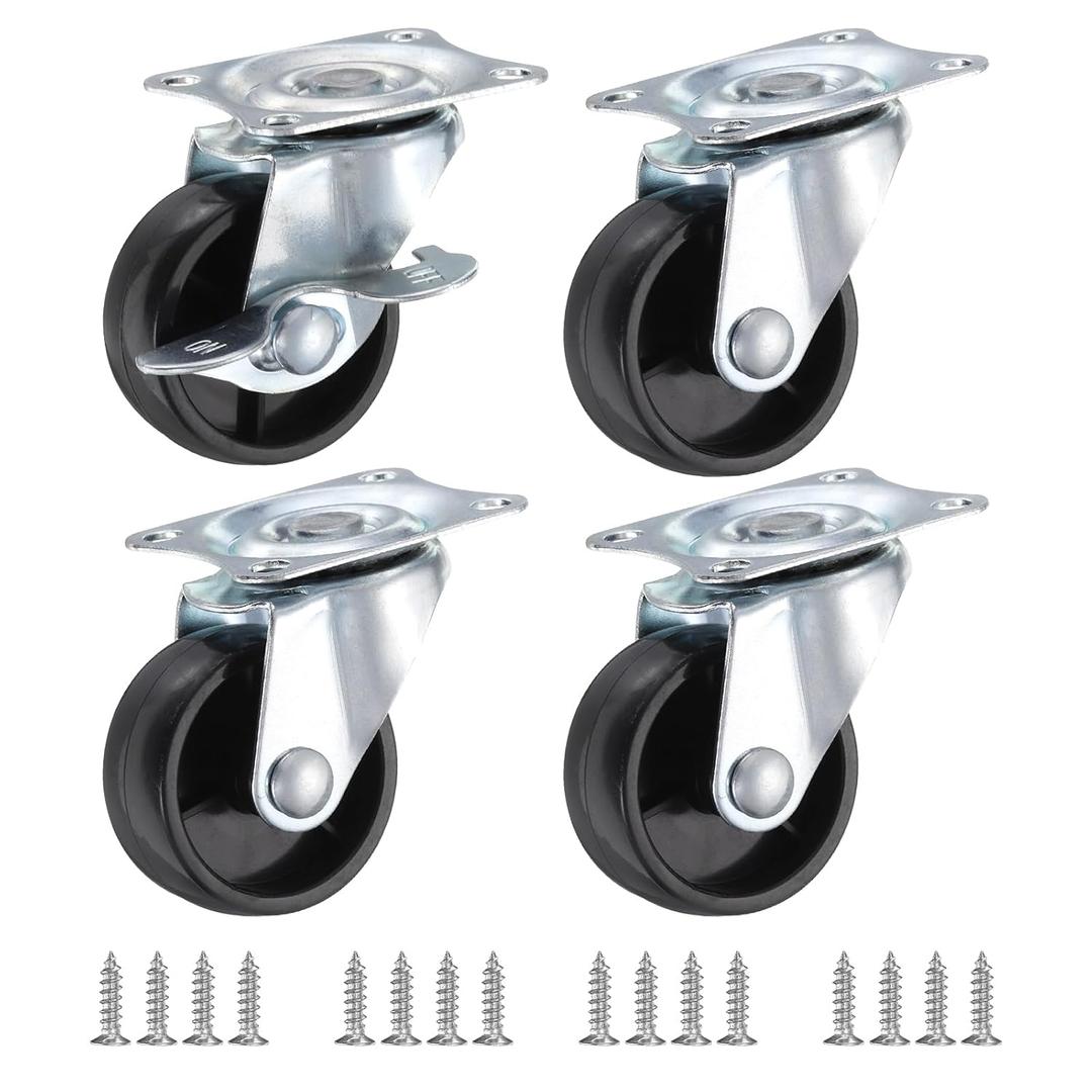 PATIKIL 1.5" Plate Swivel Caster Wheels, 4 Pcs Silent Fixed Plate Casters with M4 Screws Load Capacity 132Lbs for Furniture Cart Trolley, Black(1 with Brake, 1 Without Brake)