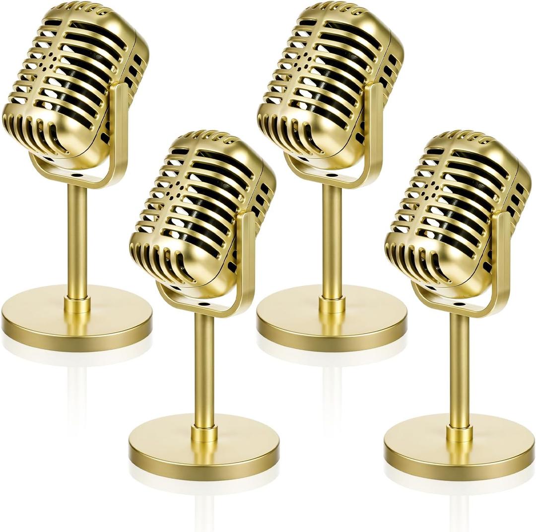 4 Pcs Gold Microphone Props Retro Vintage Plastic Fake Microphones Pretend Mic Centerpiece for Hip Hop Music Birthday Party Decorations Cosplay Podcast Event Rock and Roll