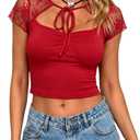CSDAJIO Women's Cutout Keyhole Front Cropped Tee Lace Short Sleeve Sexy Top Ruched See Through Fitted T Shirt Burgundy, M
