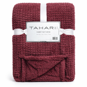 Burgundy Tahari Rabbit Fur Throw Blanket, 50in x 60 inches