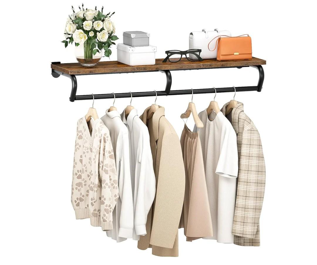 Wall Mounted Clothes Rack, Metal Garment Rack with Top Shelf, Laundry Storage Shelf with Hanging Rod, for Laundry Room, Bedroom, Entryway and Storage Room, Rustic Brown and Black TYM02BF