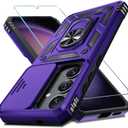 Janmitta Compatible with Samsung Galaxy S25 Plus/S24 Plus Case Built in Slide Camera Lens Cover+Screen Protector+Finger Ring Holder Kickstand,Heavy Duty Shockproof Full Body Phone Cover,Purple