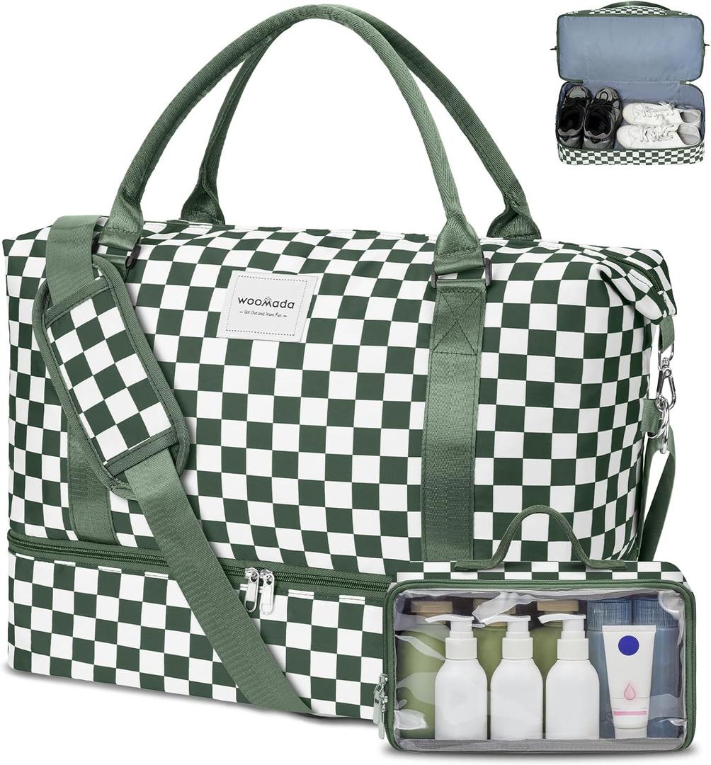 WOOMADA Weekender Overnight Bag for Women, Carry on Shoulder Travel Duffel with Shoes Compartment,Gym Bag with Toiletry Bag,green checkerboard