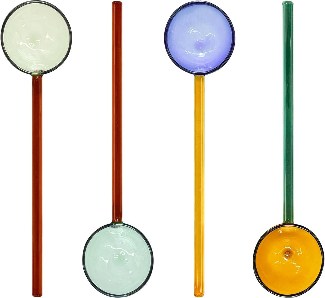 4-Pack Cute & Beautiful Handmade Colorful Glass Stirring Spoons - Reuseable High Borosilicate Glass Spoons for Coffee Tea Cocktails Desserts (Assorted Vibrant Tones) (Style: A)