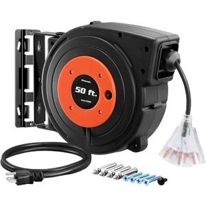 DEWENWILS Retractable Extension Cord Reel, 50 FT Heavy Duty Power Cord, 14AWG/3C SJTOW, 3 Grounded Outlets Lighted Triple Tap, 13 Amp Circuit Breaker, UL Listed (Orange & Black)