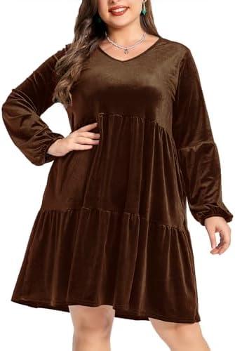 EORANF Women's Velvet Dress Long Sleeve Loose Flowy Swing Tunic Velvet Dress Plus Size Dress with Pocket, L