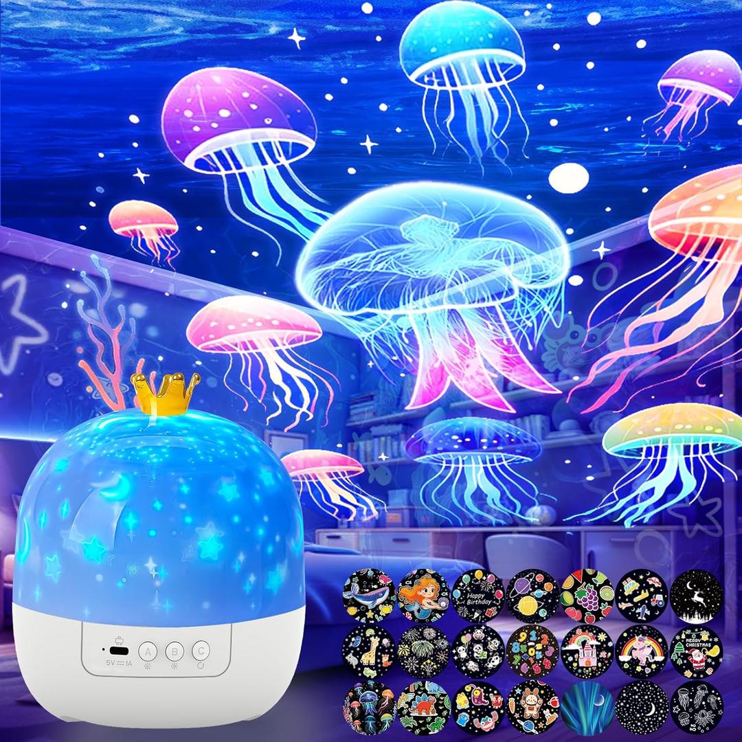 21 Sets of Films Ocean Night Light Projector, Kids Projector for BedroomStars Projector for Ceiling, 360 Degree Rotation Jellyfish Kids Night Light for Decorating Birthdays,Christmas Gifts (colorful)