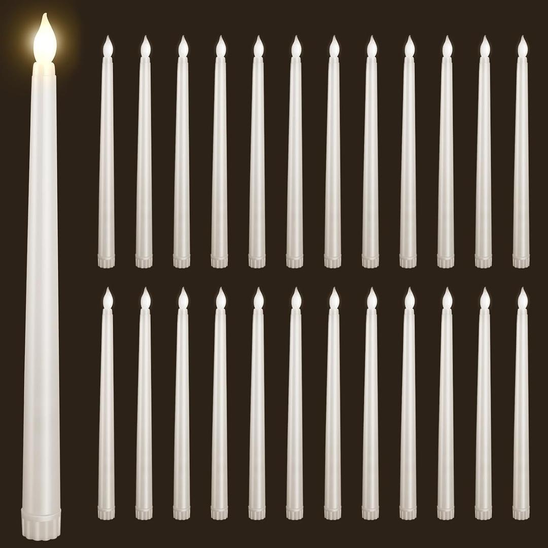 24pcs Flameless Flickering LED Taper Candles Bulk Battery Operated Candles for Christmas Halloween Birthday Wedding Party, (Ivory, 11 inch, 24pcs)
