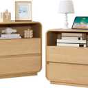 Modern Nightstand Set of 2, 23.2" Large Wood Bedside Table with Charging Station & Curved Profile, 2 Storage Drawers Side Table, Mid-Century End Table Night Stand for Bedroom Sofa Natural