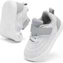 MORENDL Toddler Sneakers Baby Boys & Girls Barefoot Shoes Lightweight Breathable Walking Running Tennis Athletic Sport Shoes White Gray 15-18 Months Size 6