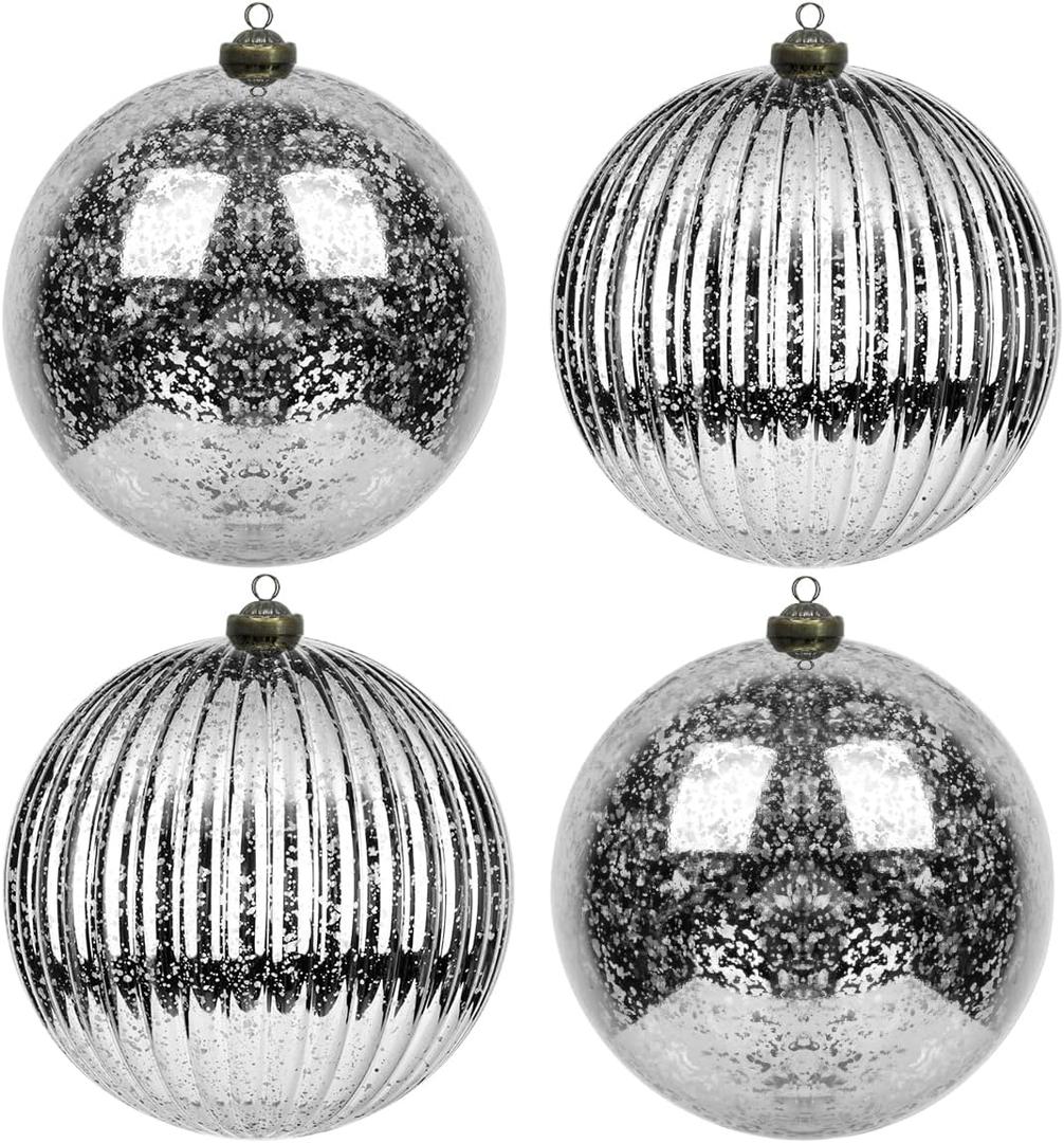 KI Store Mercury Christmas Ball Ornaments Silver Set of 4 Extra Large Hanging Tree Ball Ornament Decorations Super Large Shatterproof Vintage Balls 6-Inch