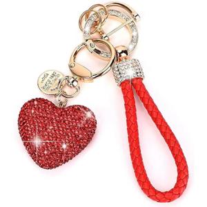Heart Crystal Car Keychain, Cute Bling Bag Charms with Wristlet Keychain, Pretty Key Ring with Sparkly Rhinestones Heart, Key Fob for Handbag Purse (Red) (1 PC)