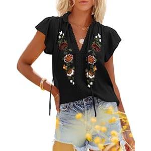 siliteelon Womens Lace Tops Ruffle Short Sleeve Blouses V Neck Embroidered Shirts Dressy Casual Business Work Summer Crochet Tops - A1-Black XL