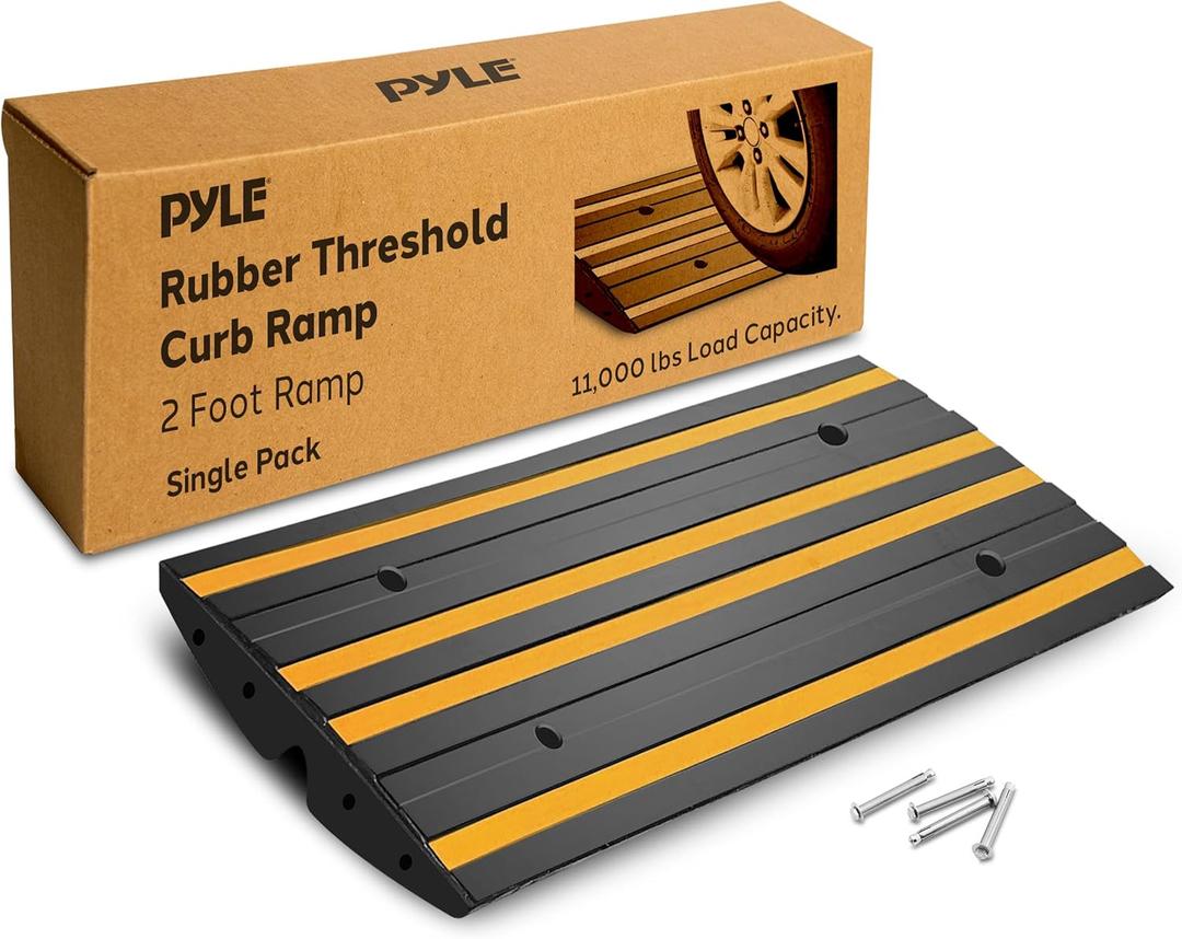 Pyle 2 Ft. Rubber Threshold Curb Ramp, Heavy Duty, Non-Slip, Marine Grade Waterproof, Green Reflective Strip, Single Driveway Ramp for Vehicles, RVs, and Wheelchairs, 24.0’’x16.0’’x2.6’’Inches