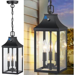 15'' Large Outdoor Pendant Light Fixtures 3-Light, Dusk to Dawn Exterior Hanging Lantern Porch Light Adjustable, Black Hanging Lamp Farmhouse Exterior Chandelier Ceiling Mount for Patio, 1Pack