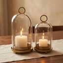GYKLE Set of 2 Candle Lantern Set - Vintage Brass Candle Holders with Thick Glass Domes (5.25"x10" & 4.5"x7.87"), Perfect for Pillar Candles, Floral Arrangements, and Vintage Home Accents