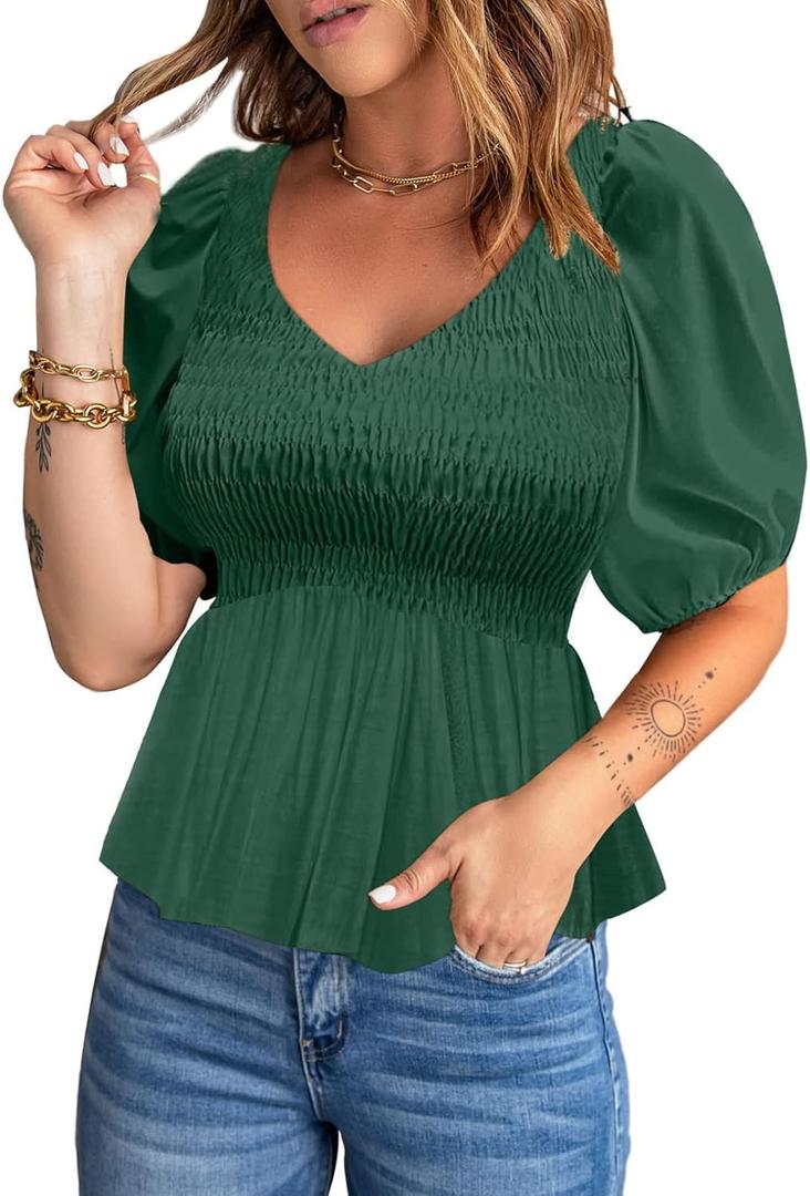 Acelitt Women's Spring Summer Puff Short Sleeve Peplum Top Casual V Neck Smocked Blouses Dressy Shirt (D-z Green), S