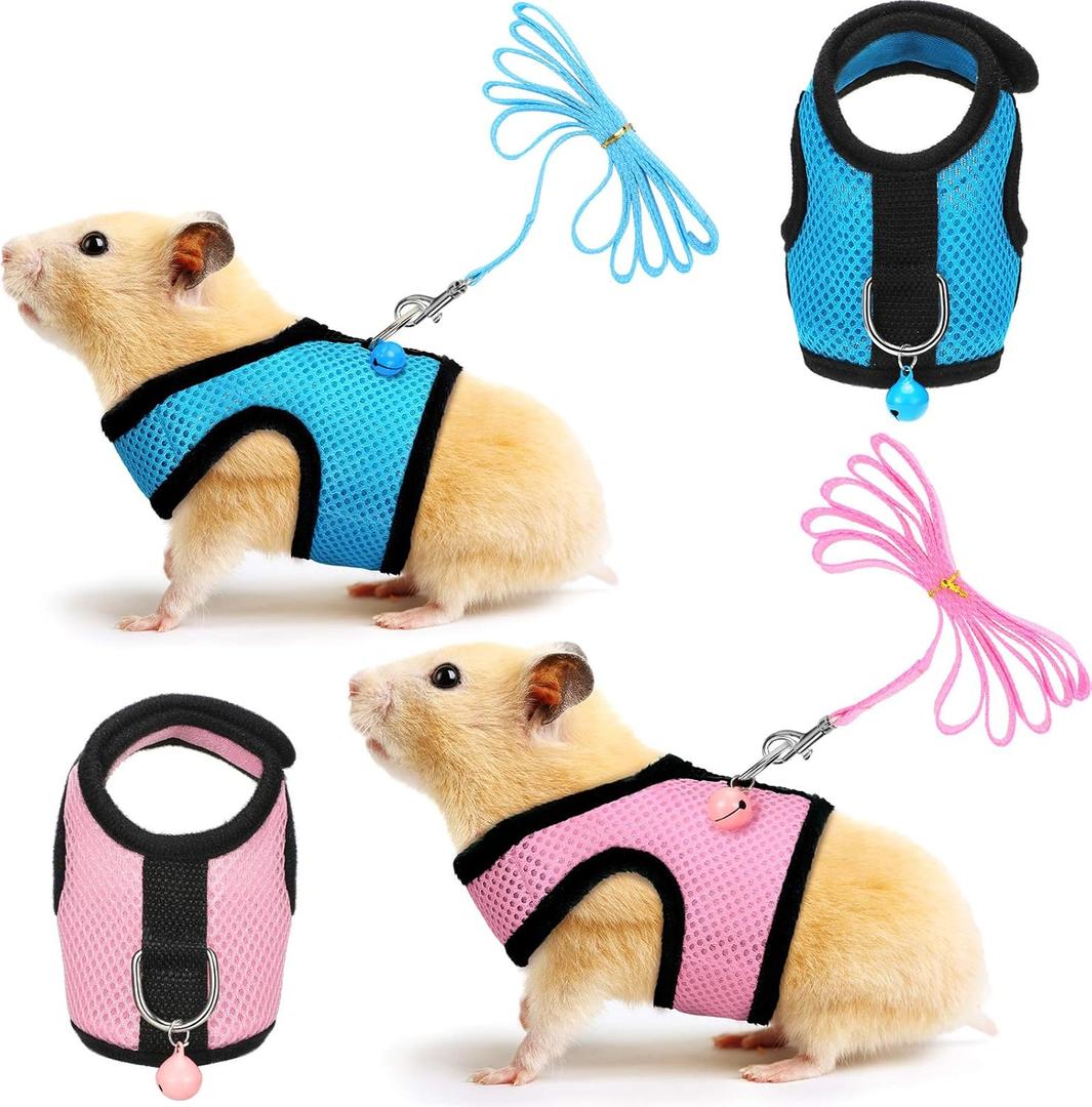 SATINIOR 2 Sets Guinea Pig Harness and Leash Adjustable Soft Mesh Harness Bell No Pulling Comfort Vest for Baby Ferret Rats Hamster Bunny Rabbit Chinchilla and Small Pet(Blue, Pink,XS)