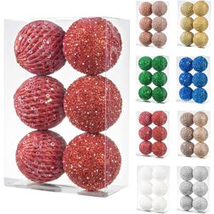 6pcs 3.94" Christmas Ball Ornaments Glitter Shatterproof Christmas Tree Ornaments Sequin Xmas Hanging Balls Decorations for Wedding Party Holiday(Red, 6pc-10cm)