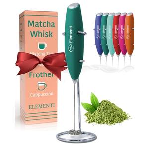 Elementi Matcha Whisk & Frother Set - Powerful Electric Matcha Mixer for Powder, Easy to Use Electric Whisk Kit - Craft Effortless Lattes with the Elementi Milk Frother Wand & Wisk (Emerald Green)