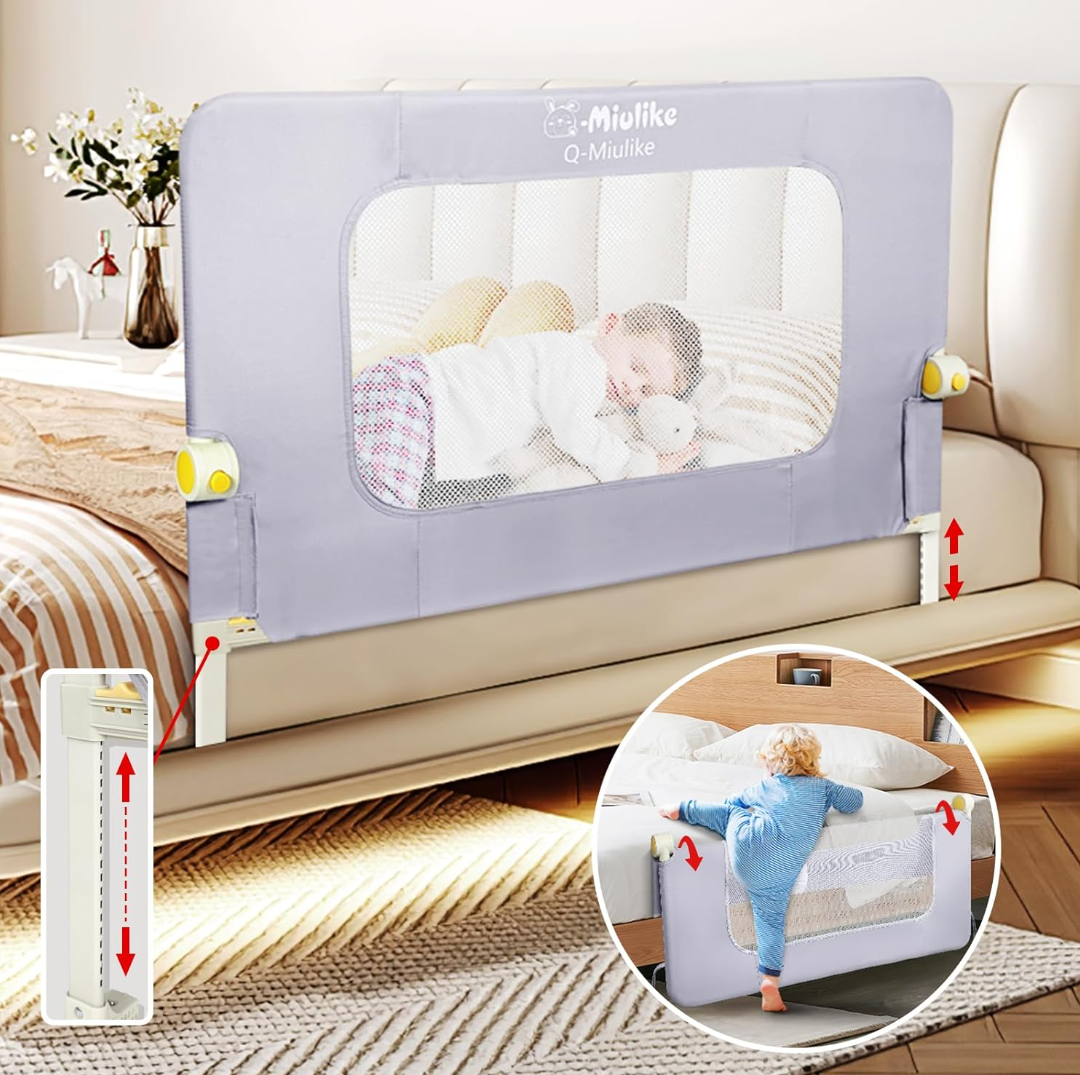 Q-MIULIKE Baby Bed Rail for Toddlers Smooth Flip-Down Crib Guard Rail Safety Rail Guards for 14 Height Adjustable, Toddlers Bed Rails for Full King Queen Twin Bed for 47'', 1 Piece