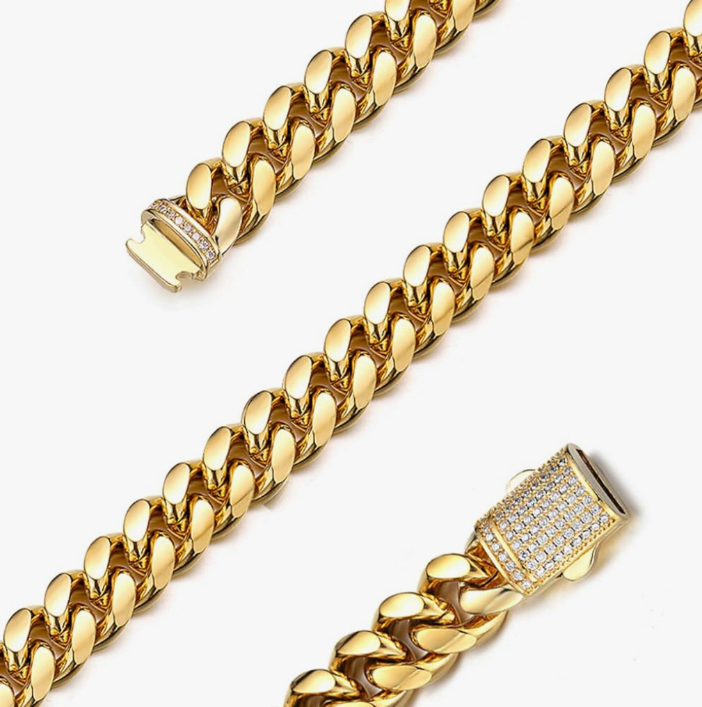 Mens Heavy Miami Cuban Link Chain Necklace Stainless Steel 18K Gold Plated Hip Hop Jewelry For Men Women Wide 6mm/10mm/14mm with Bling CZ Diamond buckle Necklace or Bracelet