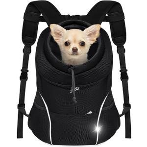 YUDODO Dog Front Carrier Backpack, Adjustable Breathable Pet Carrier for Small Dogs, Ventilated Puppy Back Pack with Safety Belt, Lightweight Doggy Backpack for Hiking Outdoor(Pure Black, L: 9-14 lbs)