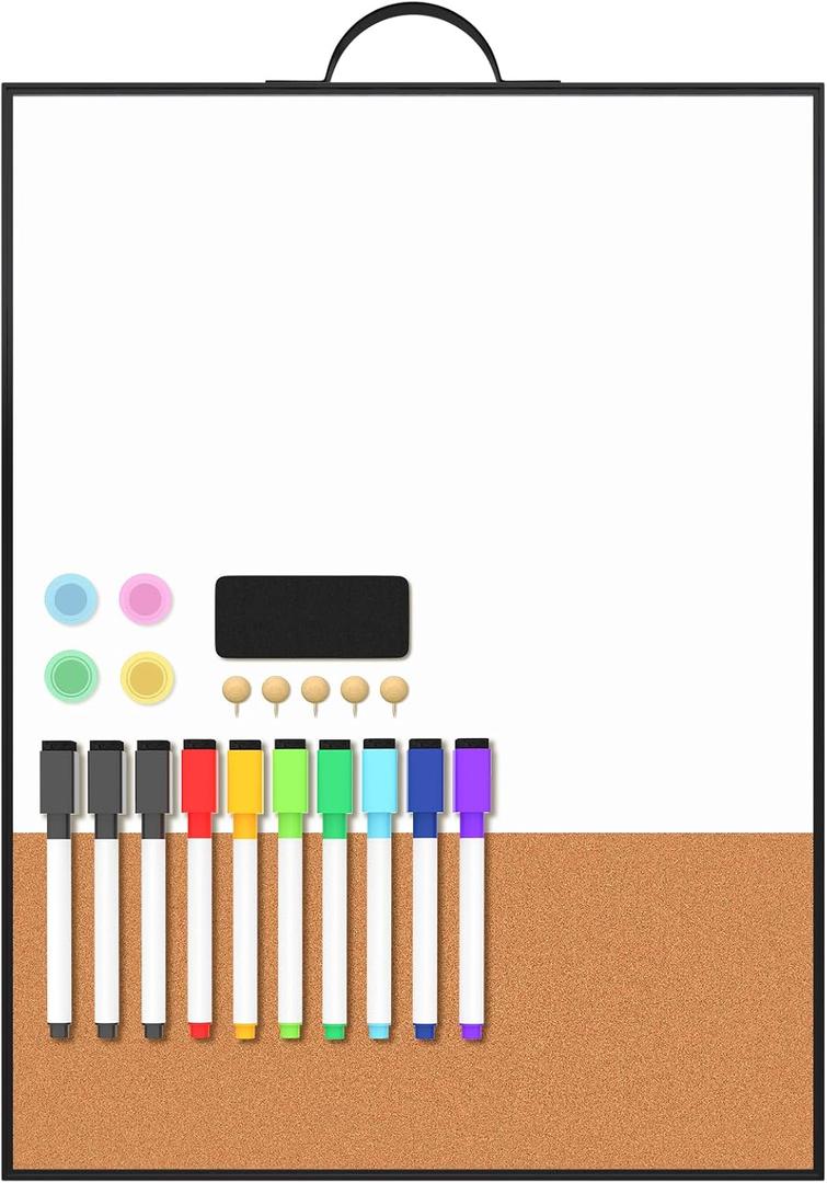 Small White Board 16" x 12" for Wall, Portable Black Aluminum Framed Whiteboard with Cork, Combination Modern Dry Erase Board with Handle for Home, Office, School