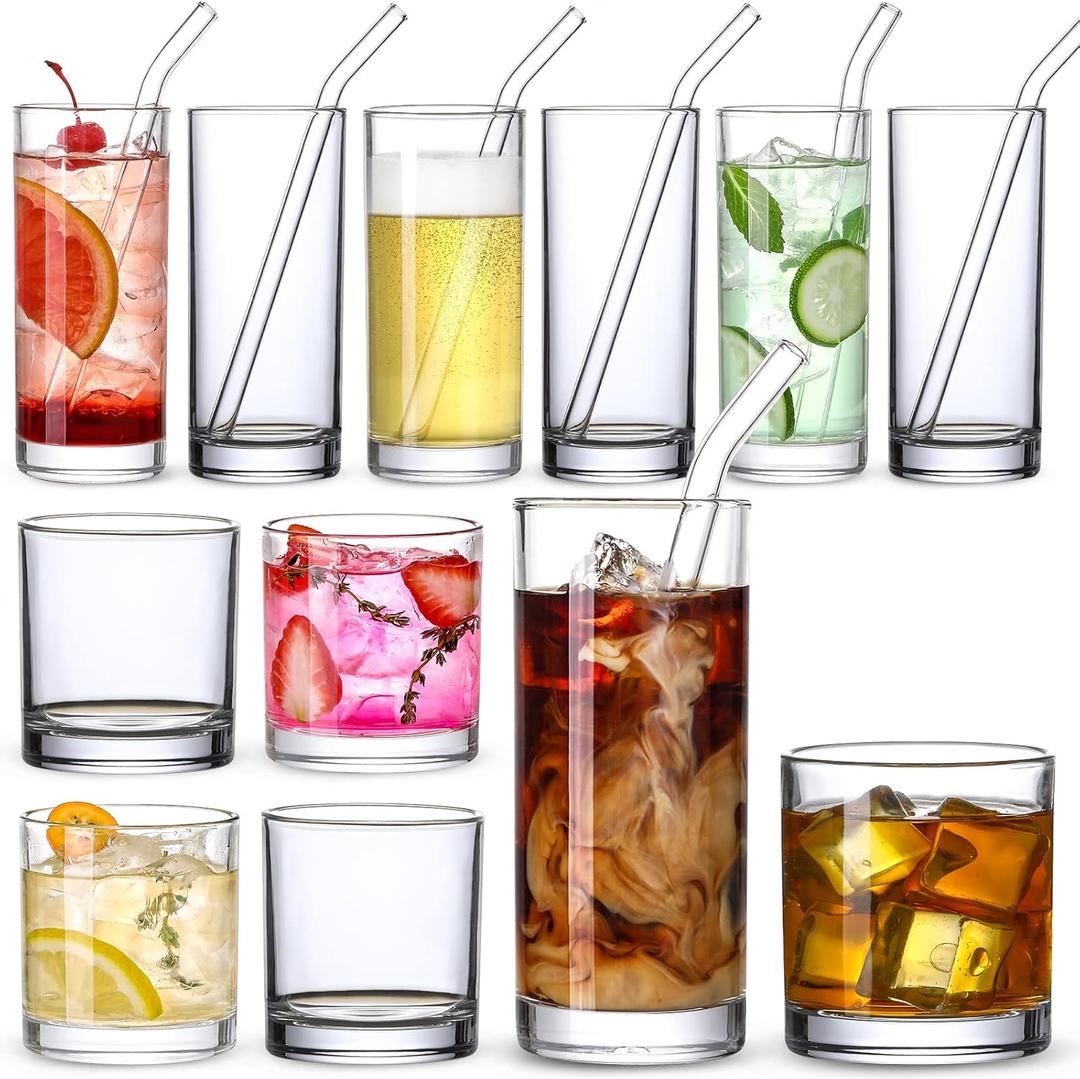 [ 12 Pack ] Glass Cups with Glass Straws, 12oz Highball & Rock Drinking Glasses, Everyday Drinkware Glasses Set, Cute Tumbler Cup, Kitchen Glasses for Iced Coffee, Water, Beer, Cocktail, Whiskey Gift