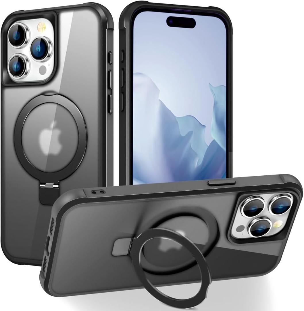 Compatible with iPhone 14 Pro Case with Invisible Magnetic O-Ring Stand Military-Grade Translucent Case for iPhone 14 Pro 6.1" [Compatible with Mag-Safe][Great Grip Feeling], Black