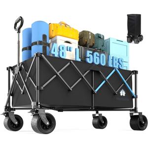 48" XL Collapsible Wagon Cart, 400L Heavy Duty Folding Wagon with 560 lbs Capacity, All-Terrain Wheels for Beach, Camping, Garden, Sports, Shopping