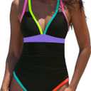 Popvil Women's One Piece 2025 Tummy Control Swimsuits Neon Color Block Swimwear Deep V Neck Slimming Bathing Suit (Medium, Black&purple)