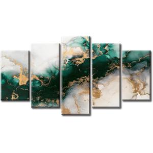 5 x 5 Piece Canvas Wall Art Prints - Large Framed Green Abstract Textured Art for Living Room, Emerald Green Gold Fluid Marble Decor - Modern Bedroom Office Decorations