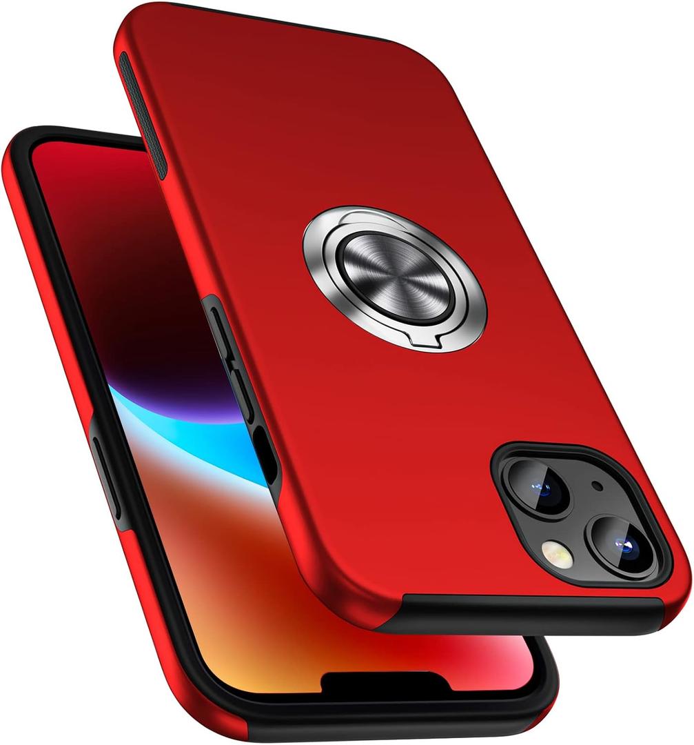 PELEPUES Shockproof Case for iPhone 14 6.1 inch, [Embedded Finger Ring] Military Grade Phone Case Cover with Reinforced Metal Stand Kickstand [Support Magnetic Car Holder] for iPhone 14, Red