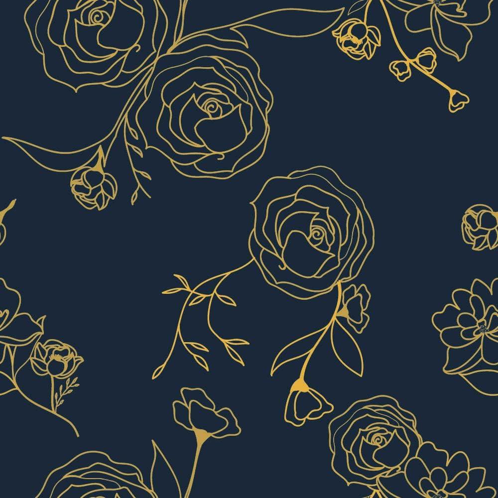 Safiyya 393"x17.3" Peel and Stick Wallpaper Gold and Blue Contact Paper Floral Wallpaper Self Adhesive Removable Wallpaper for Bedroom Covering Vinyl Rolls