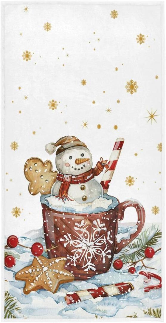 Pfrewn Christmas Winter Hand Towels for Bathroom Gingerbread Cookie in Cup Kitchen Dish Hanging Towels Golden Snowflakes Snowy Shower Guest Towel Xmas Holiday Decor 16x30 in