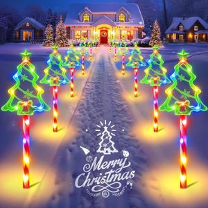 12 Pack Christmas Solar Pathway Lights Outdoor Decorations, 10 Modes Christmas Tree Candy Stake Lights with 156 Colorful LEDs, 29.5 FT Waterproof Solar Xmas Decor for Walkway Yard Lawn Porch Holiday (Multicolor)