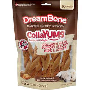 DreamBone CollaYUMS Twists Plus Collagen Rawhide-Free Dog Treats, 10 Count, BB Date 05/17/2028