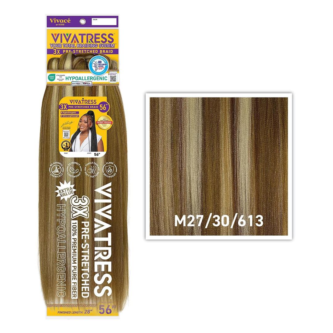 3X VIVATRESS Pre-Stretched Braiding Hair Lightweight, Soft Yaki, Hypoallergenic Synthetic Fiber for Protective Styles (56", 27/30/613 Blend)