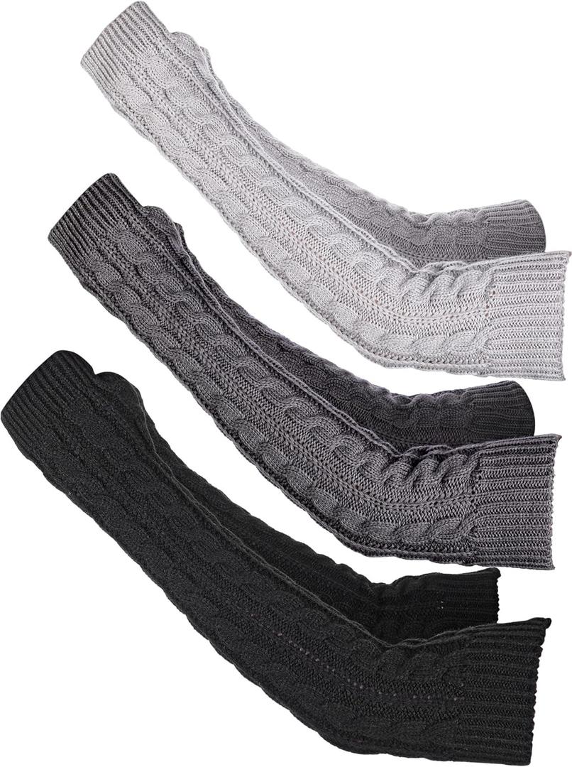 Bememo 3 Pairs Arm Warmers Long Fingerless Gloves Knit Wrist Warmers with Thumb Hole Open Finger Arm Socks for Women Adult (Black, Light Grey, Dark Grey)
