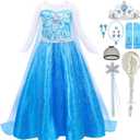 Elsa Costume for Toddler Girls Snow Princess Dress Blue Halloween Cosplay Dress Up Outfits with Wig (4-5 Years)