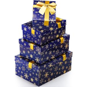 Zhanmai 4 Pcs Winter Nesting Gift Boxes Snowflake Boxes Hard Stackable Boxes with Lids Decorative Winter Nested Present Boxes for Birthday Party Gift Supplies(Blue and Gold,Snowflake) (1 Count (Pack of 4))