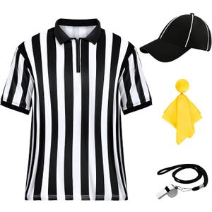 Men's Referee Costume Kit,Referee Shirt Stripe Umpire Jersey,Hat,Stainless Steel Whistle with Lanyard,Penalty Flag for Football Soccer Sports and Halloween Cosplay Outfits (Medium)