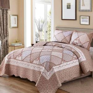 VIVILINEN Queen Size Quilt Set 3-Piece Light Pink Floral Patchwork Reversible Quilted Bedspread Coverlet Set Lightweight Comforter Bedding Set Bed Sheet Set Cover Blanket with 2 Pillow Shams