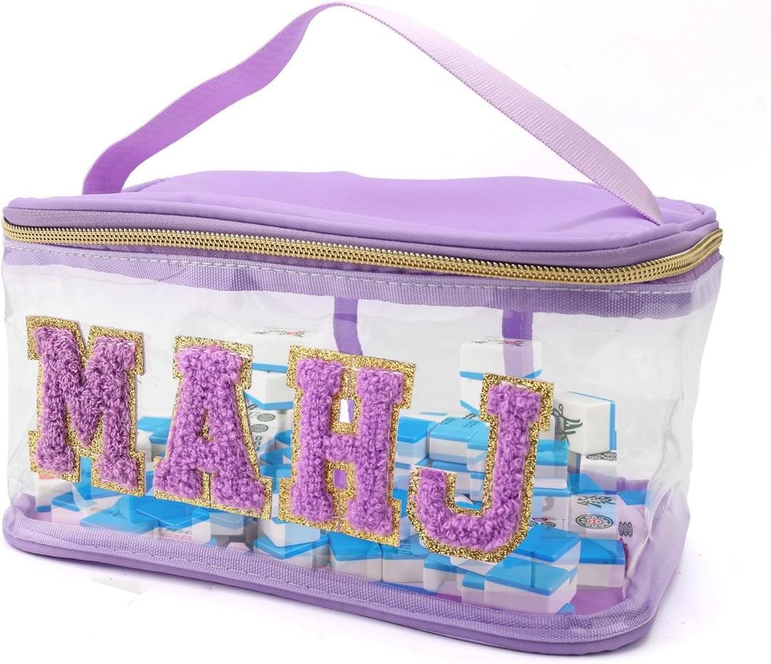 Transparent Empty Mahjong Bag, Waterproof Handheld Mahjong Tile Clear Carrier Storage Bag with Zipper & Chenille Alphabet Pattern Design Accessories Supplies for Game Lovers (Purple)