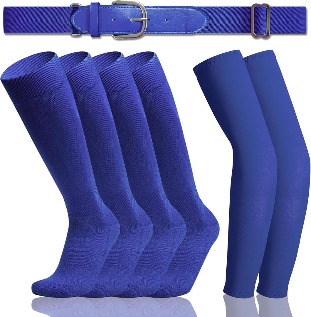 2 Pair Youth Softball/Baseball Socks - 1 Baseball Belt and 1 Baseball Arm Sleeve Combo for Men and Boy (Youth, Royal Blue)