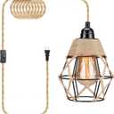 Plug in Pendant Light, Industrial Hanging Light with Plug in Cord, Hemp Rope On/Off Switch Farmhouse Pendant Light, Hanging Lamps for Dining Room (Beige)